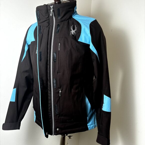 Spyder Snow Ski Boarding Full Zip Insulated Black Blue Hooded Jacket Size‎ M - Picture 1 of 16